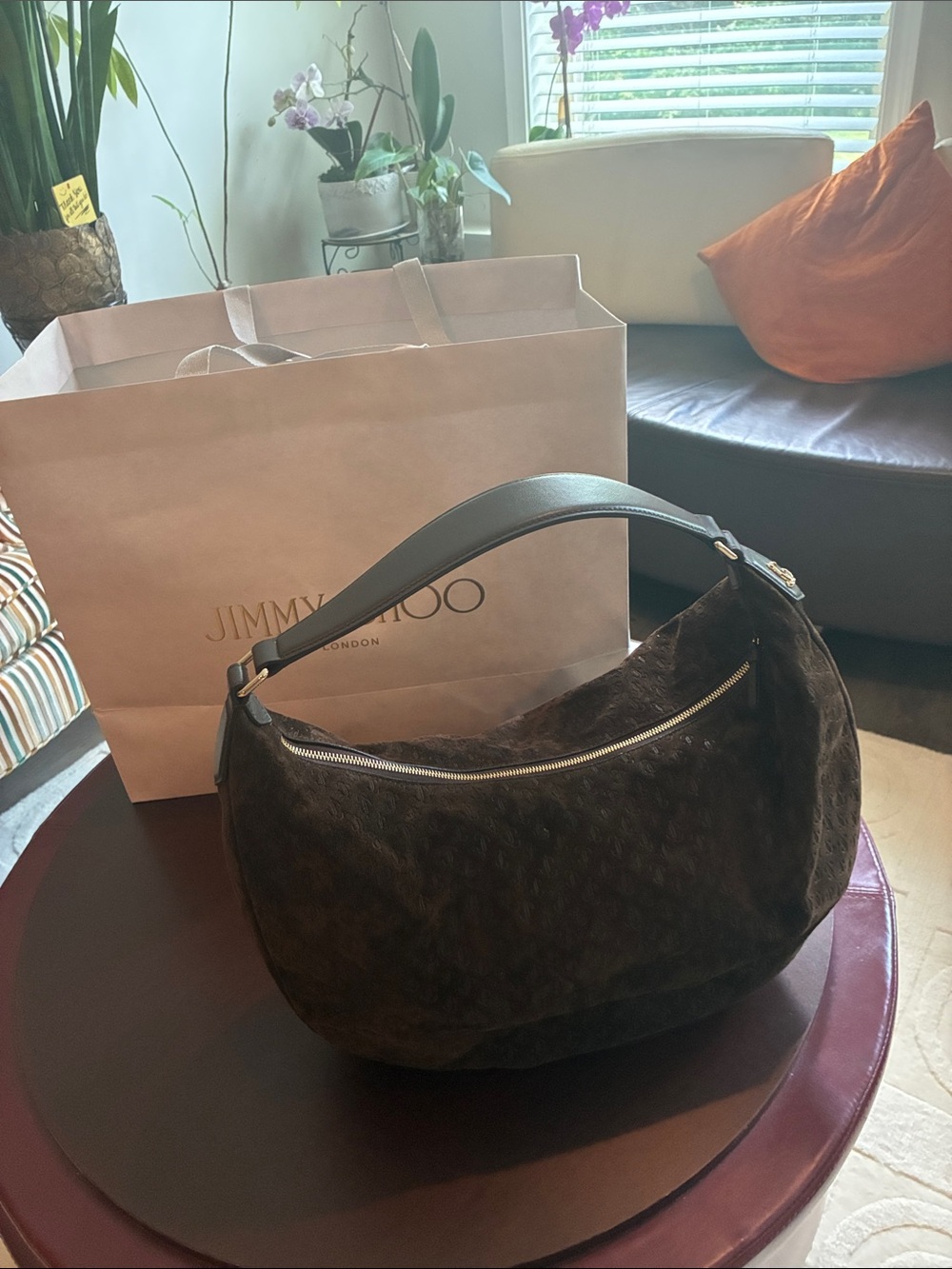 Jimmy Choo Dark Brown Suede Crescent Hobo with Leather Handle
